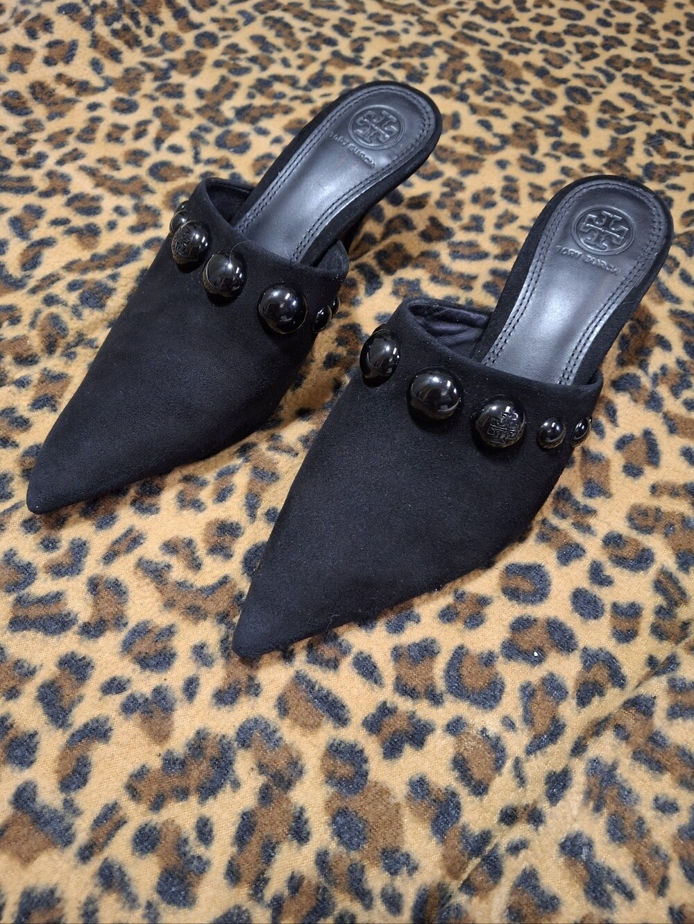 Tory Burch Georgina Studded Suede Kitten Heel Pointed Toe Mules Shoes Size 7 - Picture 4 of 16